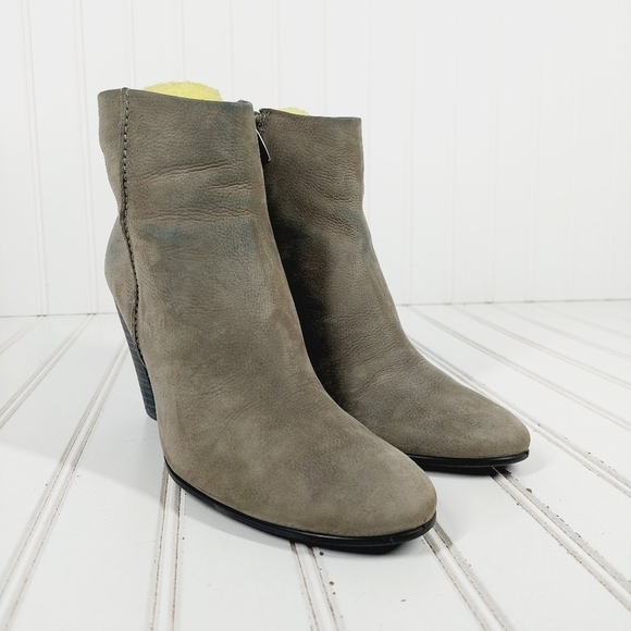 Ecco Taupe Tan Leather Slip On Block Heel Side Zip Ankle Boots E963 - Picture 4 of 12